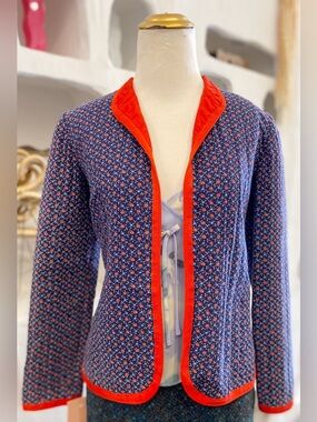 Vintage Handmade Navy & Red Floral Lightweight Quilted Open Jacket